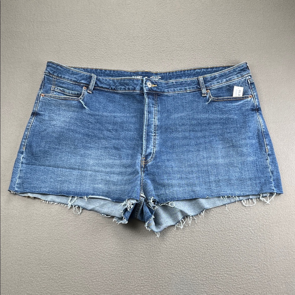 Old Navy Sky Hi A-Line Denim Shorts Tag 28 Mis-Sized Waist ~49” Button Fly